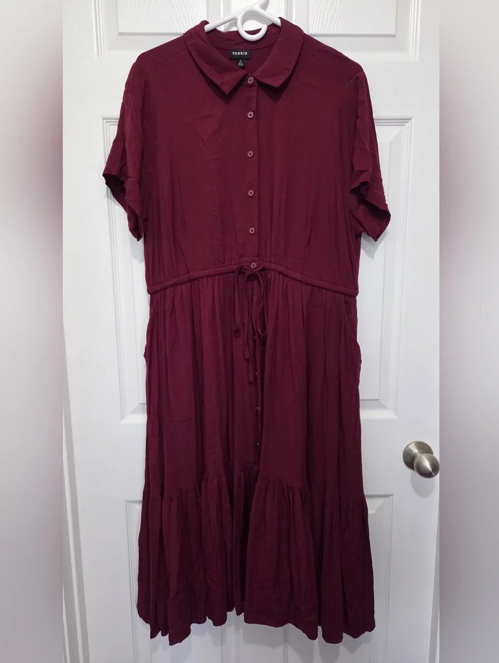 Torrid Burgundy Button Front Tiered Midi Shirt Dress Plus Size 2 Business Casual